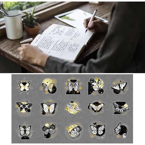 Set mit 30 Yanji PET-Aufklebern, Serie „Zeit und Ewigkeit“, goldenes Schmetterlingsmotiv, zum Dekorieren von Notizbüchern und Tagebüchern. (1/5)