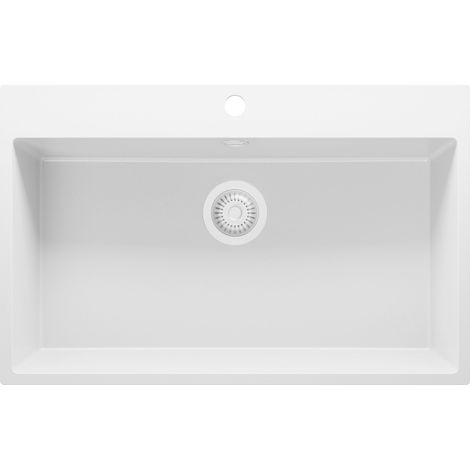 PRIMAGRAN Evier Cuisine en Granit 78x50cm, Lavabo 1 bac + Kit de Vidage, Évier à Encastrer au meuble 80cm - Riga, Tout Blanc