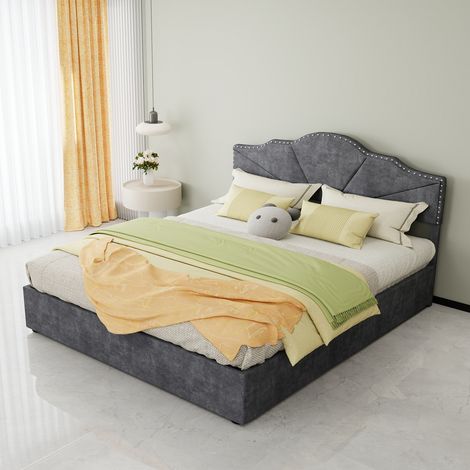 Lit moderne minimaliste moelleux 160x200 cm gris avec tête de lit confortable, sommier coffre haut + tige pneumatique, matelas inclus