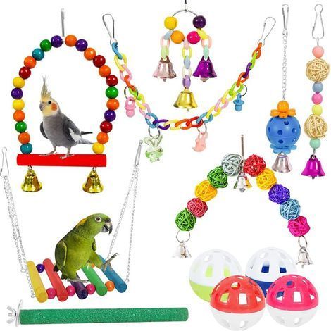 Ensemble de 12 pièces de balançoire de jouet à mâcher d'oiseau de jouet de perroquet, balançoire de jouet d'oiseau coloré, échelle de pont, jouet de cloche suspendue, jouet à mâcher d'oiseau (1/4)