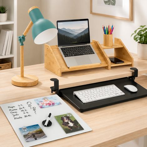 Conjunto ergonómico para oficina en casa (4 piezas): soporte para portátil, lámpara de escritorio, pizarra magnética y bandeja para teclado (1/5)