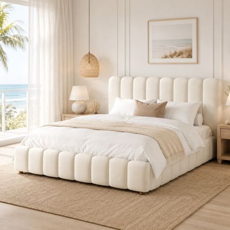 Lit double 160x200 cm en velours beige avec coffre de rangement hydraulique, sommier à lattes inclus, tête de lit rembourrée à rayures verticales, charge 300 kg – CHICFURN (1/5)