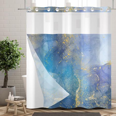 Rideau de Douche sans Crochets avec Doublure à Boutons-Pression, Double Couche, Motif marbre Bleu et Violet, décoratif, avec fenêtre Transparente en Maille Lavable 180x180cm (1/5)