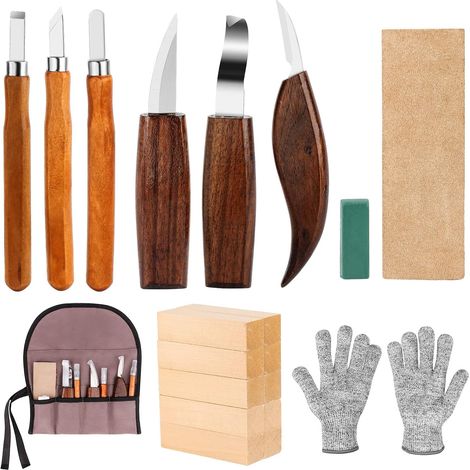 Kit de 20 outils de sculpture sur bois, comprenant des ciseaux, des couteaux et des blocs de tilleul, idéal pour les menuisiers amateurs. (1/5)