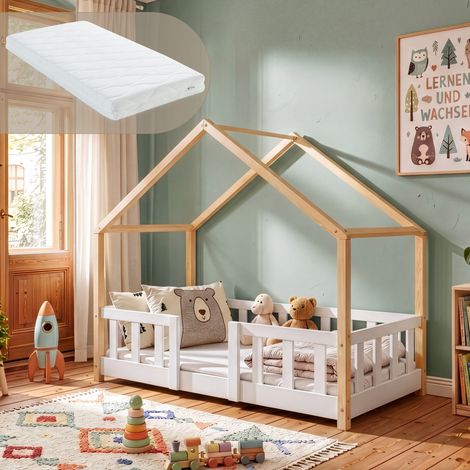 Kinderbett Treviolo 70x140 cm mit Kaltschaummatratze und Gitter Weiß/Natur [en.casa] (1/5)