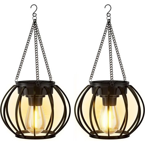 Solar-Hängeleuchte für den Außenbereich, Metall-Solarlaterne mit Kette und Haken, IP65 wasserdicht, dekorative runde Hängeleuchte für Terrasse, Balkon, Hof, Garten, 2er-Set