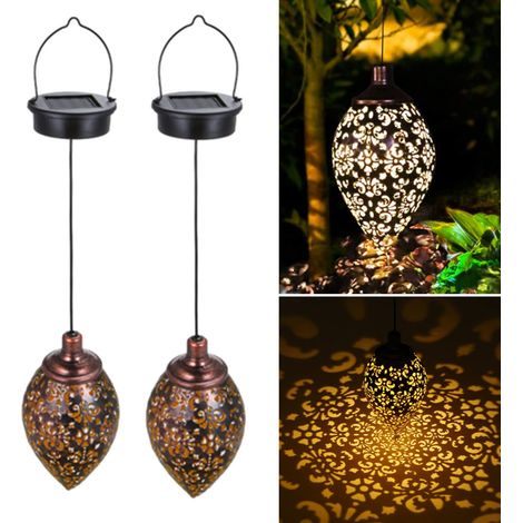 2 lanternes solaires suspendues en métal vintage floral, éclairage à ombres décoratif étanche pour arbre jardin cour et terrasse (1/5)