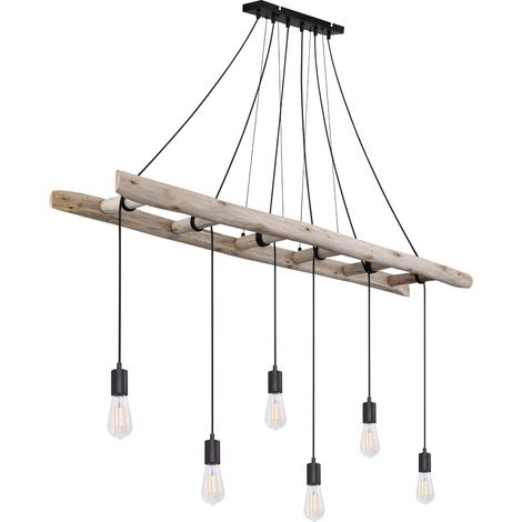 Pendelleuchte IRMGARD 6-flammig mit Leiter Holzbalken 192cm lang, Breite 160cm