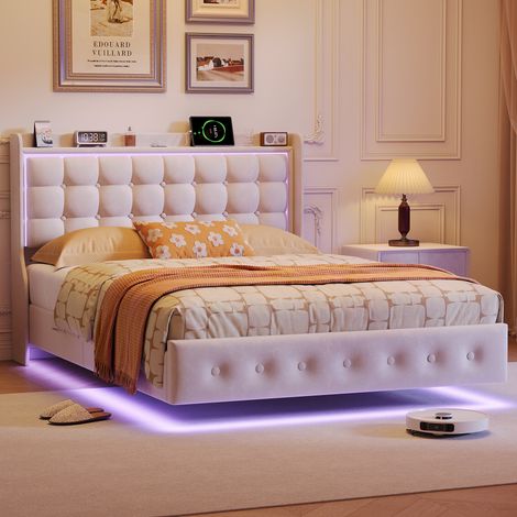 Lit adulte capitonnée 160x200 cm avec LED et Multiprise, Cadre de Lit Flottant avec Tête de Lit Rangement, Sommier à Lattes, Tissu en velours, Blanc