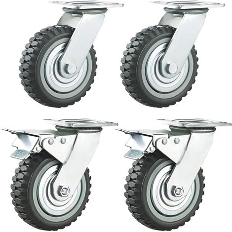 Lot de 4 roulettes pivotantes pour charges lourdes - 150 mm - Avec frein rotatif à 360 ° - En caoutchouc plein - Charge maximale 600 kg - (2 roulettes pivotantes + 2 roulettes de freinage) (1/5)