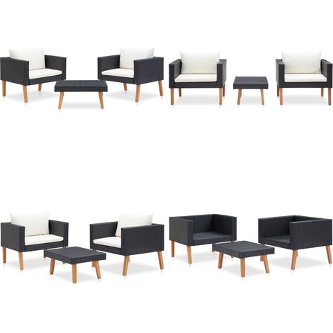 Set de muebles de jardín 3 pzas y cojines ratán sintético negro - Sofá de jardín - Mesa de centro