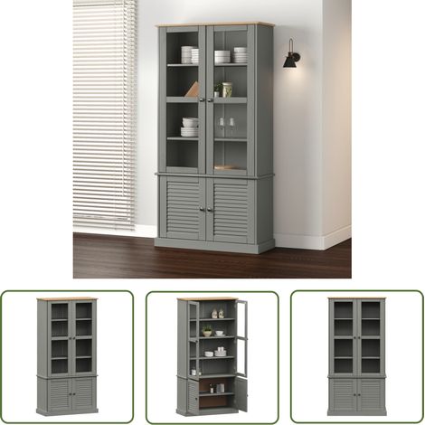 The Living Store Vitrine en verre VIGO gris 85x35x170 cm bois massif de pin - Bibliothèque Murale - Bibliothèque Design - Meuble Rangement - Vitrine Bois - Buffet Vintage (1/5)