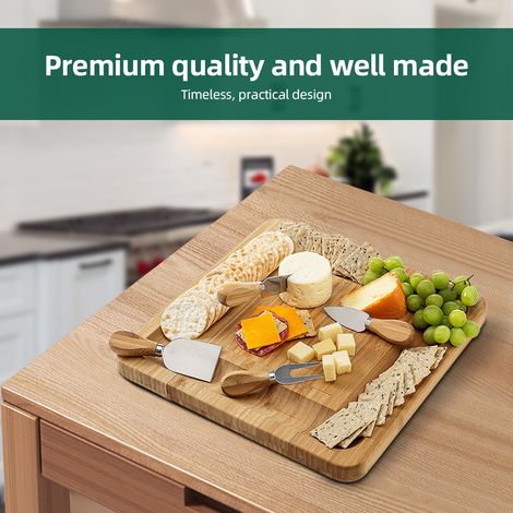 Planches à charcuterie coffret cadeau avec 4 couteaux à fromage grand carré en bambou caché tiroir à ustensiles cloison plateau de stockage des aliments pour les fêtes (1/5)