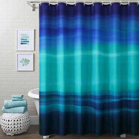 Ensemble rideau de douche bleu marine océan avec crochets, motif abstrait turquoise (1/5)