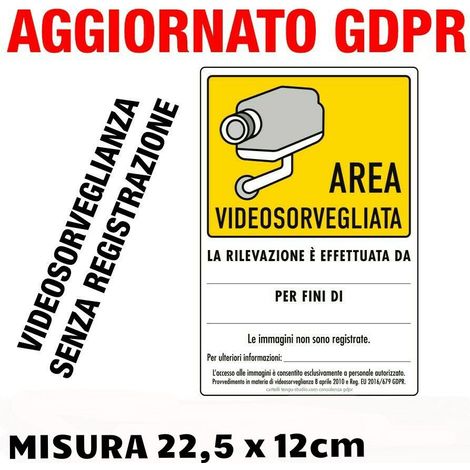 Cartello Adesivo Area Videosorvegliata GDPR – Kit 2 Pezzi, 3 Modelli (Immagini Registrate / Non Registrate / Forze dell’Ordine) - Misura: 22,5cm x 15cm - Modello: Immagine NON registrate (1/2)