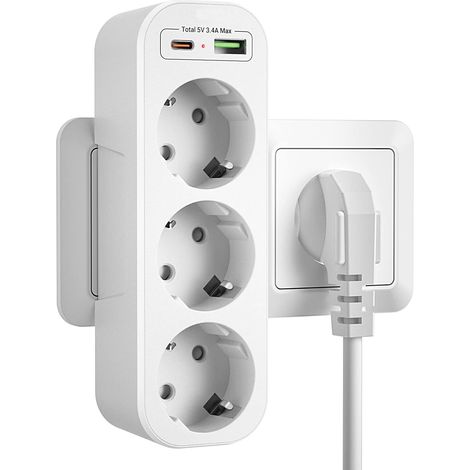 Prise Multiple USB C, Bloc Multiprise Murale 3 Prises Verticale Triplette Electrique 2 Charge USB,Portable Outlet Extender,Prise Adaptateur Triplette Electrique pour Domicile,Bureau,Blanc (1/5)