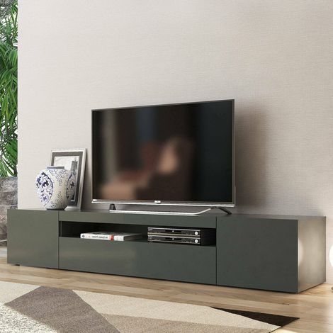 Dmora Wohnzimmer TV-Ständer, Made in Italy, TV-Ständer mit 3 Türen und Regalen, cm 200x40h37, Farbe Anthrazit glänzend