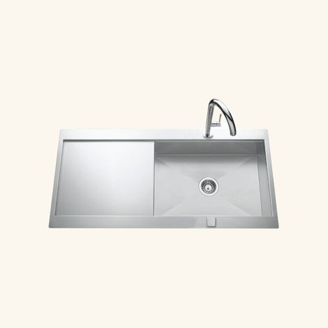 Cuisissimo – Évier inox lisse 100x52 cm – 1 grand bac réversible – Évier à encastrer avec vidage automatique – Bonde et siphon inclus (1/4)