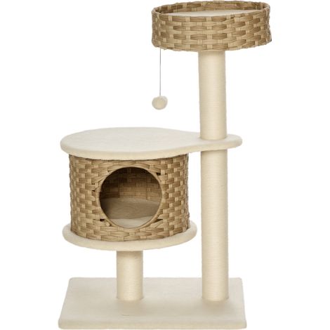 PawHut Kratzbaum 95 cm Katzenturm mit Höhle, Spielball, Sisalstämme, große Plattform, mehrstöckiger Katzenkratzbaum, Kletterbaum, für Katzen unter 5 kg, Natur+Beige