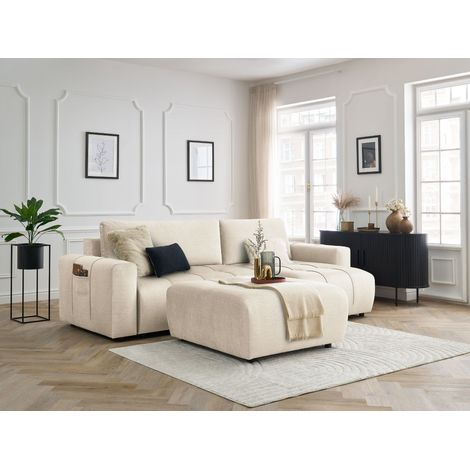 BOBOCHIC - Canapé d'angle réversible convertible coffre ARSENE tissu velours avec pouf Beige (1/5)