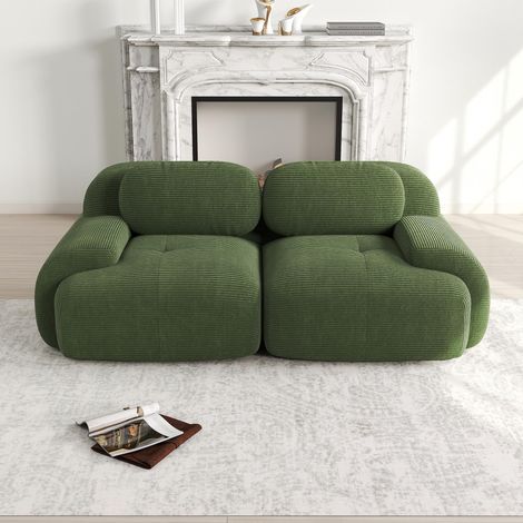 Canapé deux places en velours côtelé, sans structure, modulable avec accoudoirs incurvés et base antidérapante, revêtement très élastique pour salon, chambre et home cinéma, vert