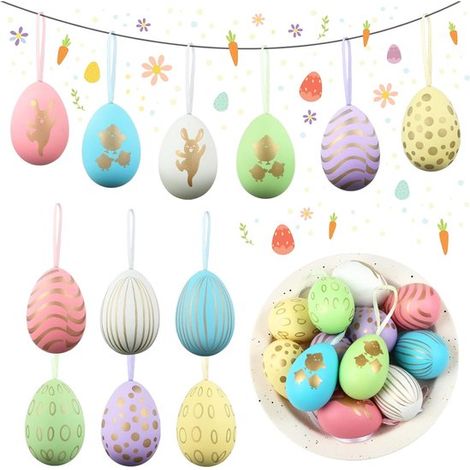 Lot de 24 œufs de Pâques à décorer – 4 x 6 cm – Suspendus – DIY – 12 couleurs (1/5)