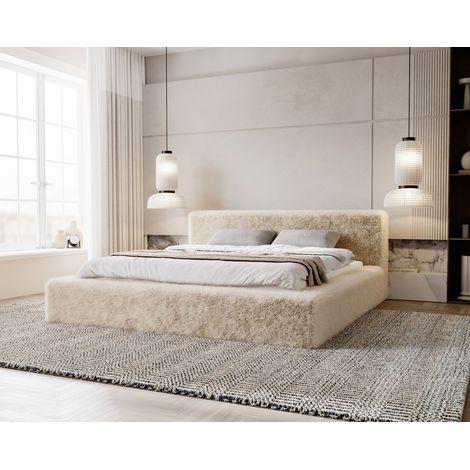 Emporius Lit rembourré 180x200 cm Alros avec rangement, tissu imitation fourrure, Beige (1/4)