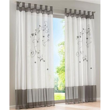 Ensemble de 2 Rideaux en Voile Transparent Brodé Fleurs Élégantes - pour Fenêtre, Porte Coulissante ou Balcon - Gris 140x225cm (1/5)