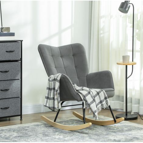 Sillón balancín de terciopelo con respaldo capitoné y base de madera, gris oscuro HAVRYA (1/5)