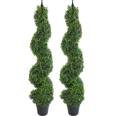 Pair of 120cm (4ft) Tall Artificial Boxwood Tower Trees Topiary Spiral Metal Top (1/5)