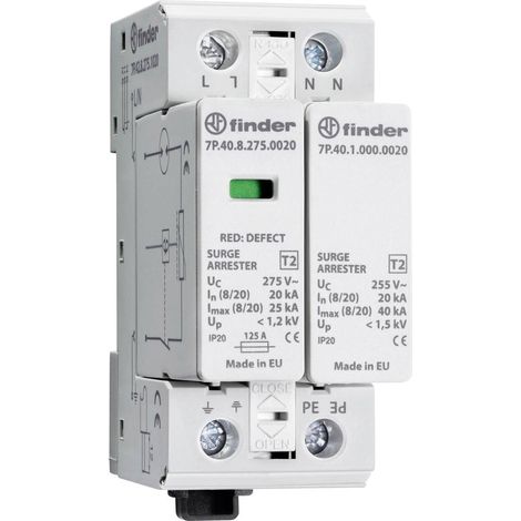 Paraf T2 mono varistor + éclateur 230V In20kA Up1,2kV Télésignalisation FINDER 7P4282751020 (1/2)