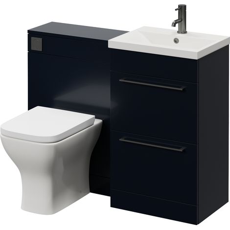Napoli 390 Cento Deep Blue 1100mm 2 Drawer Vanity Unit Toilet Suite with Glide Basin - 1100mm - Gunmetal Grey 320mm HandleWith Kingston Toilet Pan and Seat