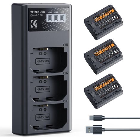 NP-FZ100 Batterie et Chargeur à Trois Slot, 3 X 2280mAh Remplacement Batterie pour A7iii, A7iv, A7C, FX3, FX30, A9, A6600, A6700, ZV-E1, ZV-E10ii, 9, A9S, A7R III, A7R IV, A7RV (1/5)