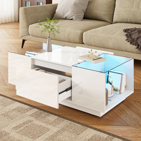 Table basse avec 2 Tiroirs et 2 Niches avec LED Bluetooth, Plaques en Verre, Brillant et Mat, en Panneaux de Particules, 105×50×35 cm, Blanc (1/5)