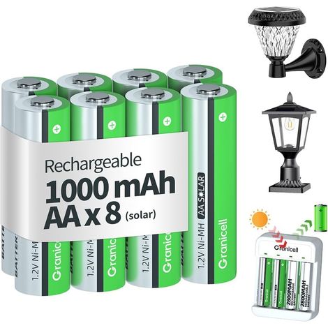 Lot de 8 piles AA rechargeables 1,2 V NI-MH 1000 mAh - Piles doubles A pré-chargées de grande capacité - Idéal pour les lampes solaires, les guirlandes lumineuses et les appareils ménagers (1/5)