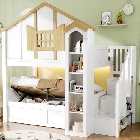 Lit superposé enfant 90x200 cm lit cabane avec rangement, LED et escalier de rangement en pin blanc (1/5)