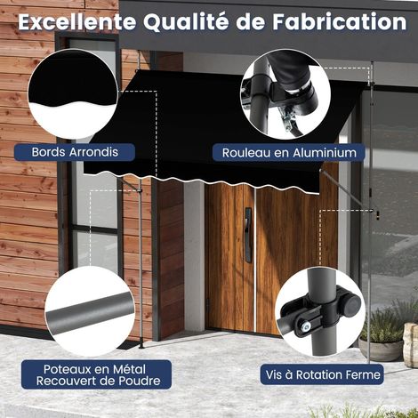 Auvent de fenêtre noir 250 cm en polyester avec manivelle et hauteur réglable sans perçage pour terrasse, balcon et jardin (1/5)