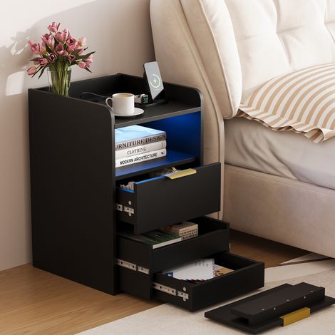 Table de chevet Noir – 40 x 40 x 60 cm avec 2 tiroirs, compartiment secret, LED réglable, 2 prises (1/5)