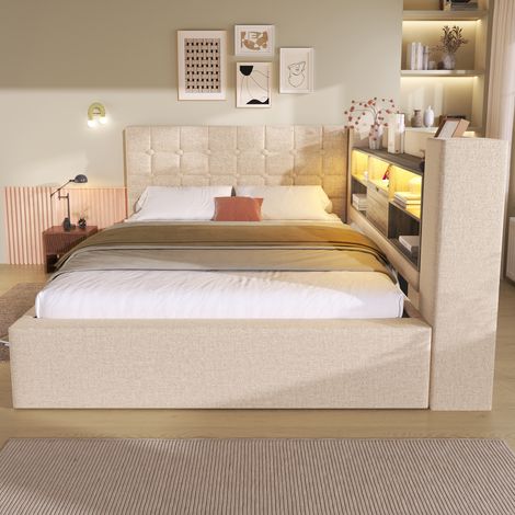 Lit coffre 140x190 lin beige LED + USB/USB-C, tête L réversible, sommier inclus (1/5)