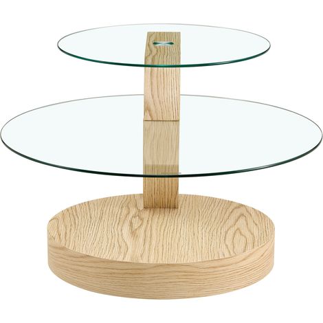 Tavolino da caffè rotondo a doppio livello in vetro temperato e MDF effetto legno chiaro, MODENUIT (1/5)