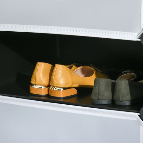 Boîte à chaussures modulaire gain de place, 6 bacs en polypropylène et acier, 49x36.5x108 cm, noir transparent