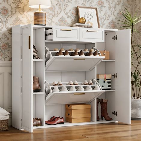 Meuble à Chaussures - avec 2 Abattants et 2 Portes - Pour 15 -18 Paires - Scandinave Moderne - Entrée et Couloir - Blanc et Or (1/5)