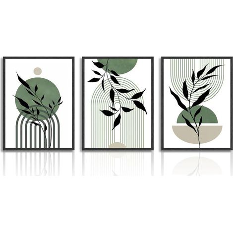 Art Mural Boho Vert Sauge, Tableau Décoration Murale Minimaliste Abstraite Géométrique Botanique, Affiche Moderne pour Salon Chambre Salle de Bain 30x40 cm Sans Cadre, Lot de 3