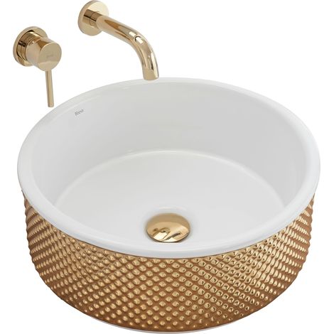 REA – Vasque à poser céramique sanitaire blanche – Longueur 341 mm – Largeur 483 mm – Hauteur 145 mm – Couleur or/blanc