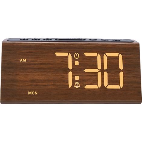 Réveil numérique en bois avec éclairage LED à intensité variable, prise USB, alarme puissante et volume réglable, fonction snoe, idéal pour la table de chevet ou la maison (marron foncé). (1/5)