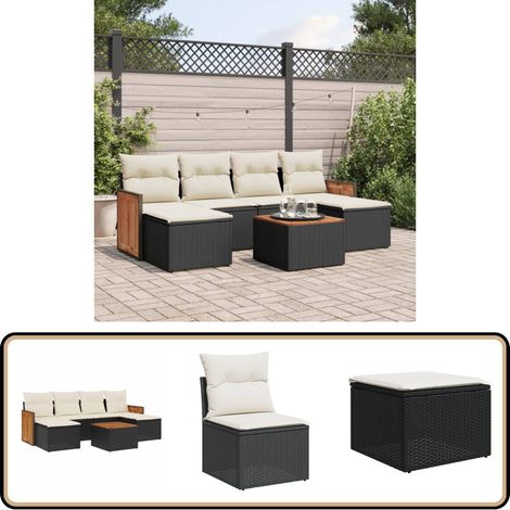 7-tlg. Garten-Sofagarnitur mit Kissen Schwarz Poly Rattan - Gartenmöbel Set - Rattan Möbel - Outdoor Lounge - Esstisch - Sofasitzgruppe
