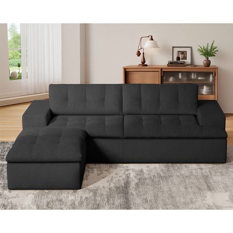 Canapé d'angle noir modulable de 215x175x48cm, repose-pieds amovible, canapé moderne en forme de L Cloud avec assise profonde