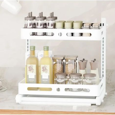 Étagère sous évier métal 2 niveaux, tiroir de rangement cuisine réglable en hauteur, blanc, organiseur de placard robuste pour ustensiles et produits ménagers. (1/4)
