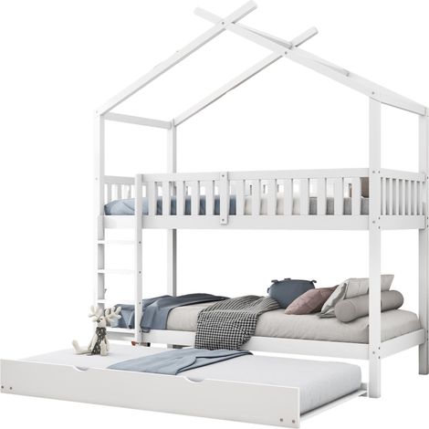 Lit cabane enfant 90x200 extensible 3 couchages gain de place blanc
