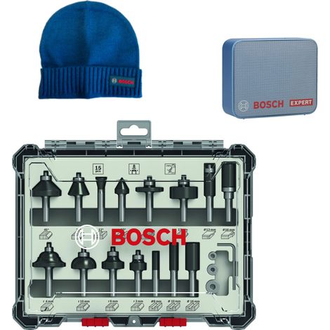 Bosch Fräser Set Mixed 15 teilig 8mm Schaft für Oberfräsen 2607017472 & JBL GO2 Lautsprecher, Beanie (1/3)